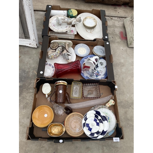 1853 - THREE BOXES OF VARIOUS CERAMIC ITEMS TO INCLUDE PLATES, CUPS, ETC