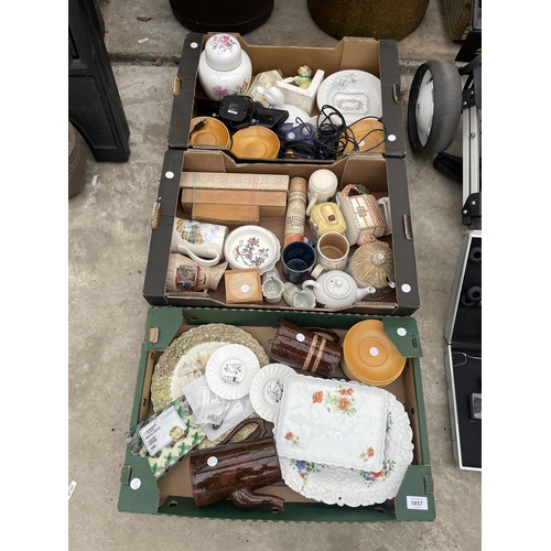 1857 - THREE BOXES OF VARIOUS CERAMIC ITEMS TO INCLUDE PLATES, CUPS, ETC