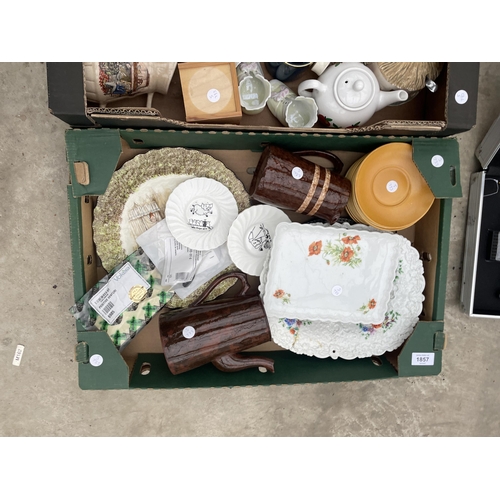 1857 - THREE BOXES OF VARIOUS CERAMIC ITEMS TO INCLUDE PLATES, CUPS, ETC