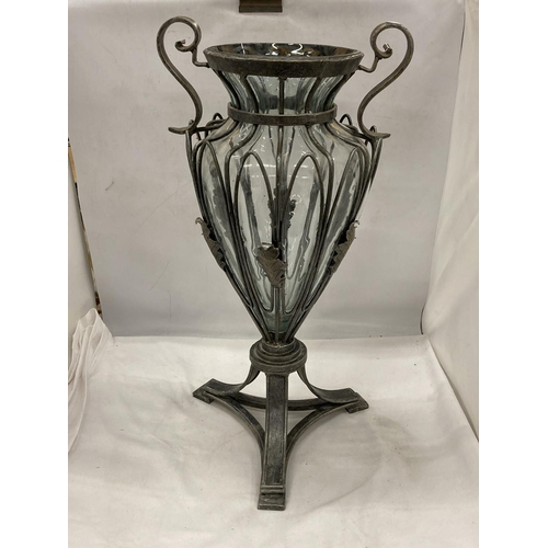 12 - AN ART DECO STYLE VINTAGE GLASS VASE WITH PEWTER CAGE HEIGHT 54 CM