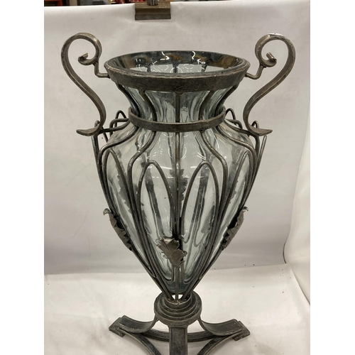 12 - AN ART DECO STYLE VINTAGE GLASS VASE WITH PEWTER CAGE HEIGHT 54 CM