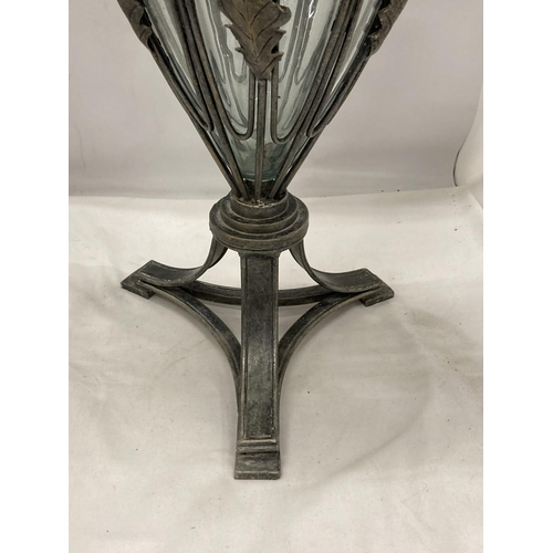 12 - AN ART DECO STYLE VINTAGE GLASS VASE WITH PEWTER CAGE HEIGHT 54 CM