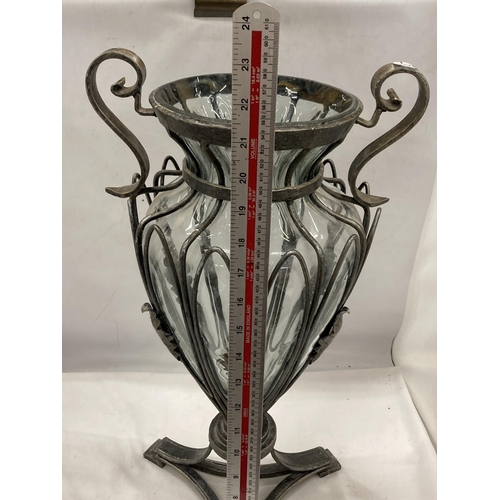 12 - AN ART DECO STYLE VINTAGE GLASS VASE WITH PEWTER CAGE HEIGHT 54 CM