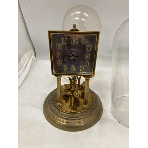 25 - A VINTAGE SQUARE FACED ANNIVERSARY CLOCK WITH GLASS DOME AND A FURTHER DOME