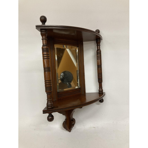 33 - A MAHOGANY EDWARDIAN CORNER MIRROR WITH TWO COLUMS AND SHELF APPROX 18' TALL