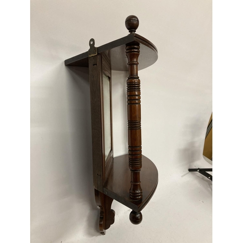 33 - A MAHOGANY EDWARDIAN CORNER MIRROR WITH TWO COLUMS AND SHELF APPROX 18' TALL