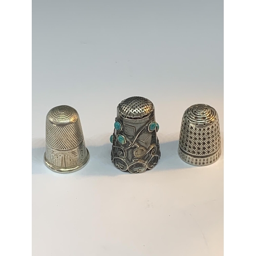 47 - THREE THIMBLES ONE WITH DECORATIVE TURQUOISE STONES