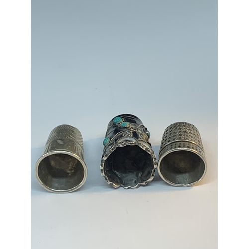 47 - THREE THIMBLES ONE WITH DECORATIVE TURQUOISE STONES