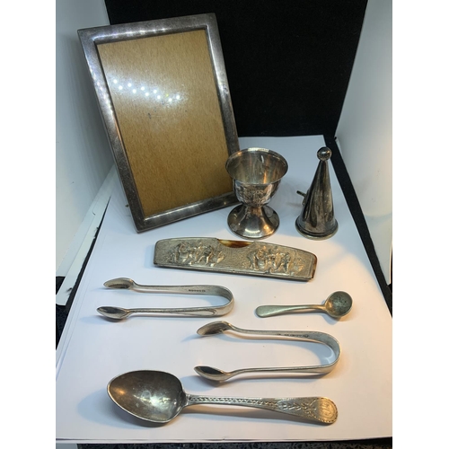 49 - A QUANTITY OF ITEMS TO INCLUDE A SILVER SPOON AND SILVER PLATED FRAME, EGG CUP, SNUFFER, FLATWARE AN... 