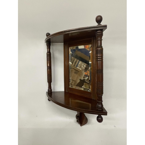 5 - A MAHOGANY EDWARDIAN CORNER MIRROR WITH TWO COLUMS AND SHELF APPROX 18