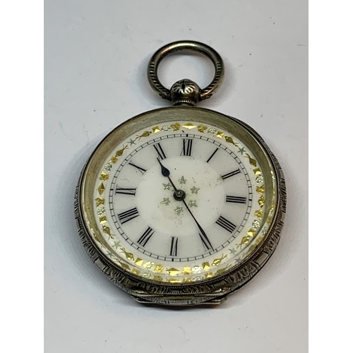 A MARKED 935 SILVER FOB WATCH WITH DECORATIVE ENAMEL FACE