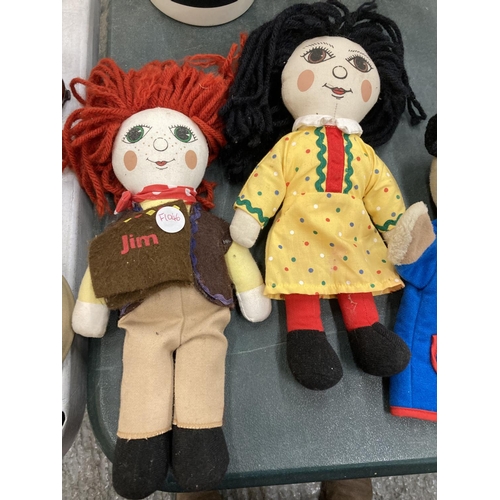 864 - TWO ORIGINAL 1993 ROSIE AND JIM DOLLS PLUS LITTLE COUSIN SCAMPY FROM SOOTY AND SWEEP