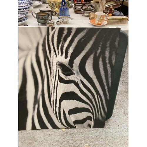 870 - A LARGE PRINT ON CANVAS OF A ZEBRA, 118CM X 79CM