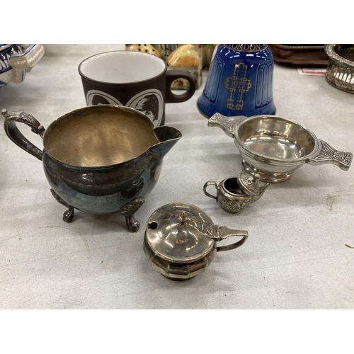 871 - A MIXED LOT TO INCLUDE A B & G, COPENHAGEN BELL, A COTTAGE WARE TEAPOT AND CRUET SET, SILVER PLATED ... 