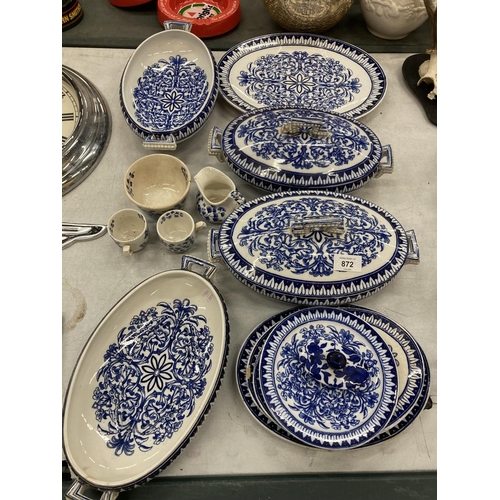 872 - A COLLECTION OF BLUE AND WHITE CERAMICS TO INCLUDE CAULDON TUREENS ETC