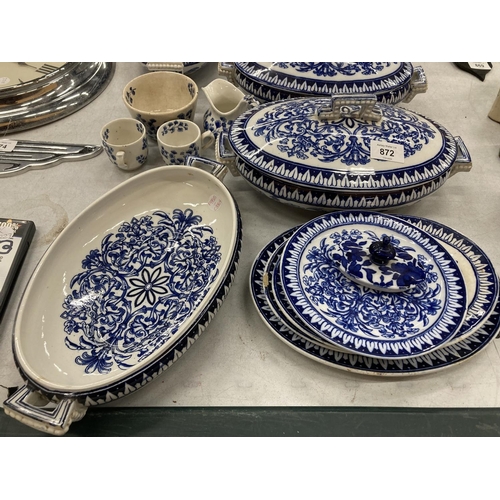 872 - A COLLECTION OF BLUE AND WHITE CERAMICS TO INCLUDE CAULDON TUREENS ETC