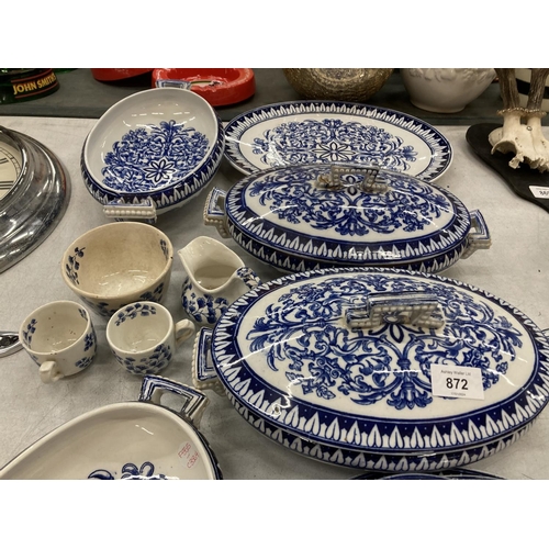 872 - A COLLECTION OF BLUE AND WHITE CERAMICS TO INCLUDE CAULDON TUREENS ETC