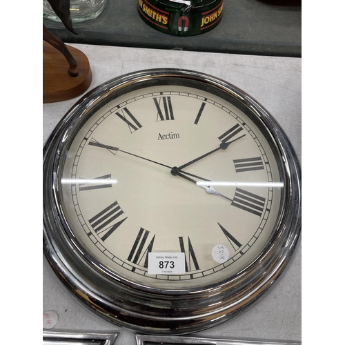 873 - A VINTAGE STYLE, BATTERY OPERATED, ACCTIM WALL CLOCK, DIAMETER 36CM