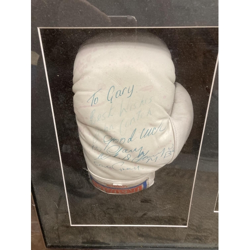 98 - A FRAMED & SIGNED JOHN CONTEH BOXING GLOVE & AUTOBIOGRAPHY BOOK