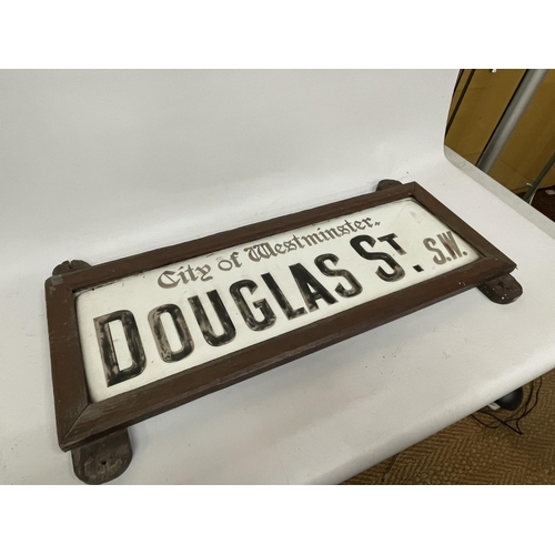 53 - A WOODEN FRAMED ORIGINAL GLASS VINTAGE ROAD SIGN CITY OF WESTMINSTER DOUGLAS STREET SW