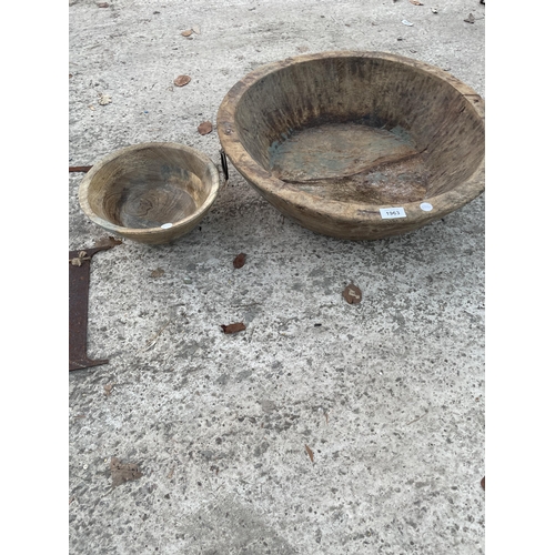 1963 - A LARGE VINTAGE TREEN BOWL AND A FURTHER SMALLER TREEN BOWL