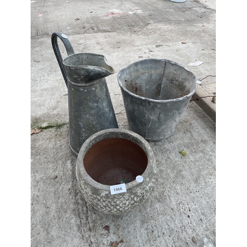 1966 - A LARGE VINTAGE GALVANISED JUG, A VINTAGE GALVANISED BUCKET AND A SMALL PLANTER