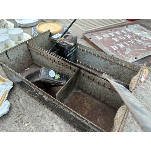 1982 - AN ASSORTMENT OF VINTAGE ITEMS TO INCLUDE A TRAY, TINS AND A SIGN ETC