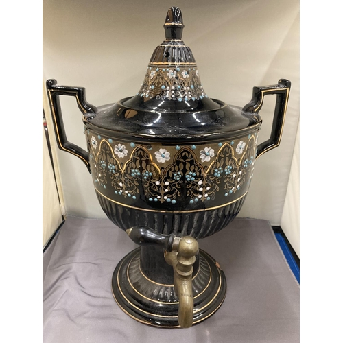 110 - A VICTORIAN JACKFIELD TEA URN - A/F HAS CHIP TO THE BASE, HEIGHT 34CM