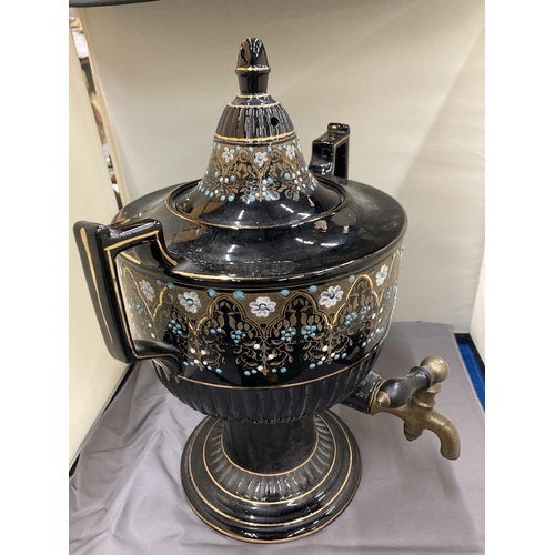 110 - A VICTORIAN JACKFIELD TEA URN - A/F HAS CHIP TO THE BASE, HEIGHT 34CM