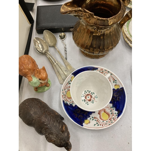 164 - A MIXED LOT TO INCLUDE A GAUDY WELSH CUP AND SAUCER, BLACK FOREST STYLE BEAR, LUSTRE JUG, BOXED SHOE... 