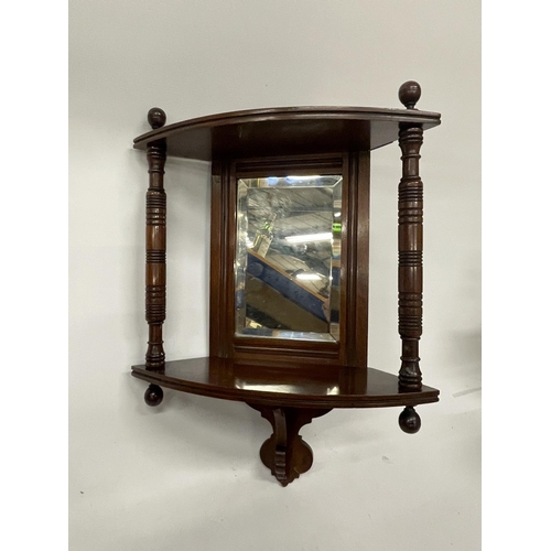 5 - A MAHOGANY EDWARDIAN CORNER MIRROR WITH TWO COLUMS AND SHELF APPROX 18