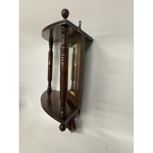 5 - A MAHOGANY EDWARDIAN CORNER MIRROR WITH TWO COLUMS AND SHELF APPROX 18