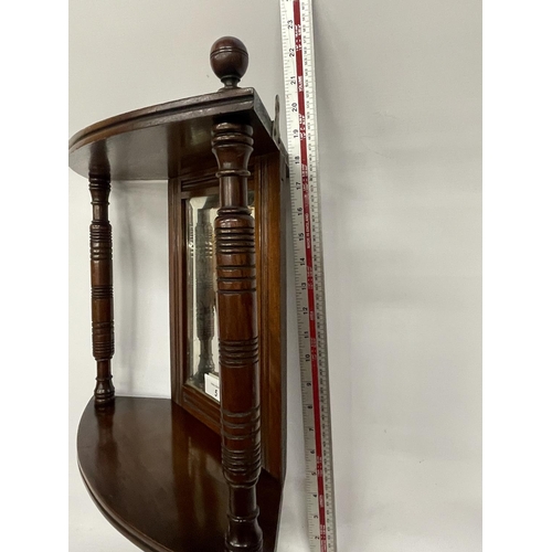 5 - A MAHOGANY EDWARDIAN CORNER MIRROR WITH TWO COLUMS AND SHELF APPROX 18