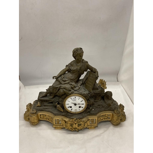 13 - AN ORNATE FRENCH MANTLE CLOCK BY V L HAUSBERG PARIS WITH A LADY HOLDING LIST OF COUNTIRES - EGYPT, I... 