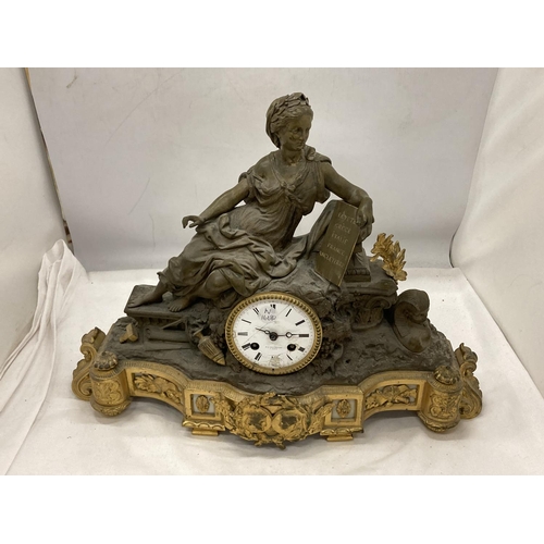 13 - AN ORNATE FRENCH MANTLE CLOCK BY V L HAUSBERG PARIS WITH A LADY HOLDING LIST OF COUNTIRES - EGYPT, I... 