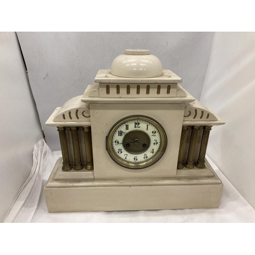 16 - A MARBLE MANTLE CLOCK WITH A SIX COLUMN DESIGN PAINTED BY AM HEPWORTH