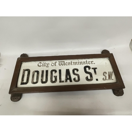 53 - A WOODEN FRAMED ORIGINAL GLASS VINTAGE ROAD SIGN CITY OF WESTMINSTER DOUGLAS STREET SW