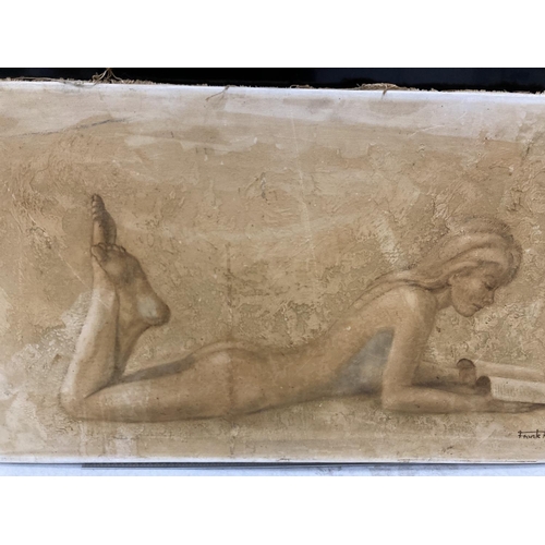 93 - AN OIL ON CANVAS BY FRANK ARIS OF A NUDE LYING DOWN READING A BOOK