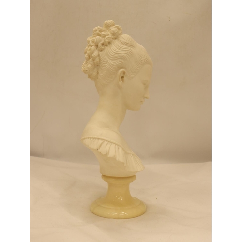 135 - A BUST OF A LADY ON A MARBLE PLINTH, HEIGHT 33CM