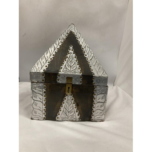 219 - A VINTAGE WOOD AND METAL PYRAMID SHAPED BOX, HEIGHT 38CM