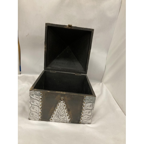 219 - A VINTAGE WOOD AND METAL PYRAMID SHAPED BOX, HEIGHT 38CM