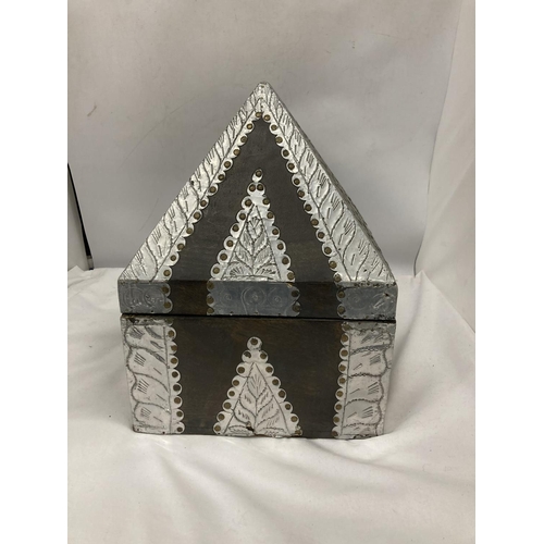 219 - A VINTAGE WOOD AND METAL PYRAMID SHAPED BOX, HEIGHT 38CM