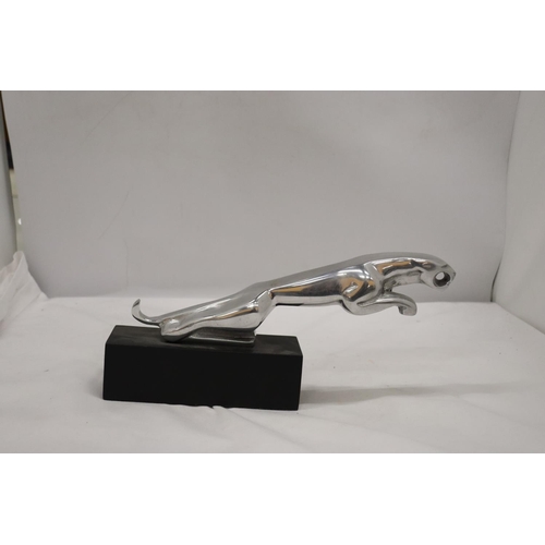 267 - A CHROME JAGUAR CAR MACOT ON A BASE, HEIGHT 15CM X 32CM