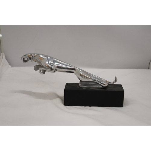 267 - A CHROME JAGUAR CAR MACOT ON A BASE, HEIGHT 15CM X 32CM