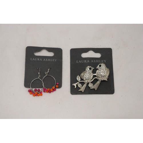 282 - TWO ITEMS OF LAURA ASHLEY JEWELLERY TO INCLUDE A PAIR OF EARRINGS AND A BIRD BROOCH