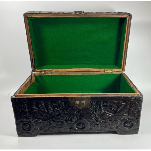 321 - A VINTAGE CHINESE STAINED HARDWOOD JEWELLERY BOX WITH BRASS CLASP, 15 X 30 CM