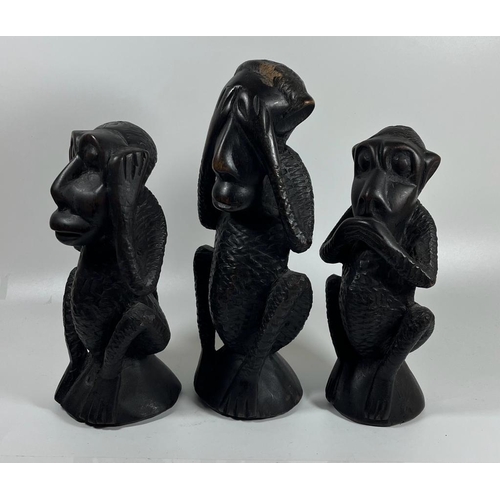 331 - A SET OF THREE AFRICAN TRIBAL CARVED HARDWOOD EBONY EFFECT 'SPEAK NO, HEAR NO, SEE NO EVIL' MONKEYS,... 