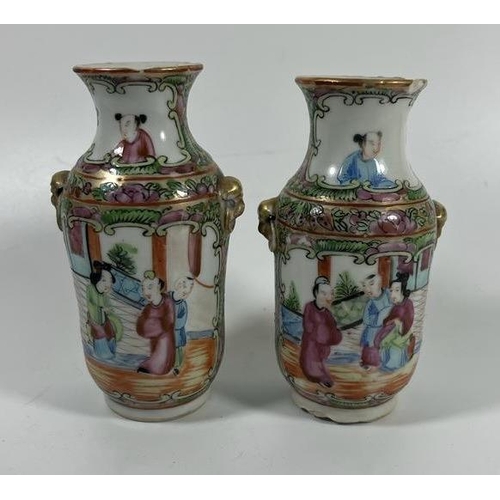 344 - A PAIR OF 19TH CENTURY CHINESE CANTON FAMILLE ROSE MINIATURE VASES WITH FIGURAL DESIGN, HEIGHT 12.5 ... 