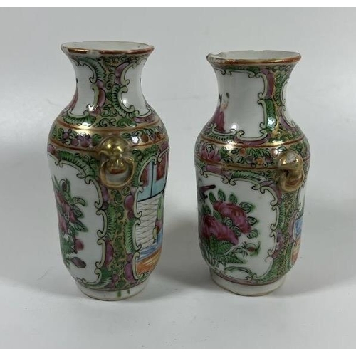 344 - A PAIR OF 19TH CENTURY CHINESE CANTON FAMILLE ROSE MINIATURE VASES WITH FIGURAL DESIGN, HEIGHT 12.5 ... 