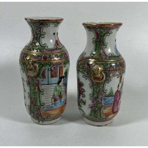 344 - A PAIR OF 19TH CENTURY CHINESE CANTON FAMILLE ROSE MINIATURE VASES WITH FIGURAL DESIGN, HEIGHT 12.5 ... 